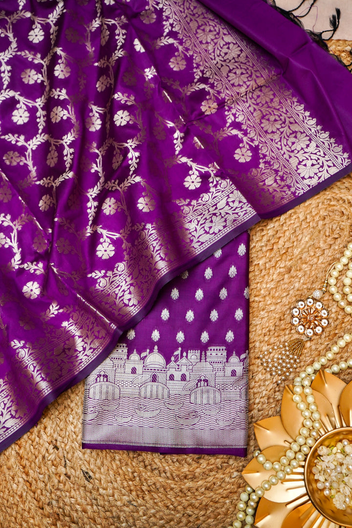 Purple Banarasi Modal Silk Suit Set with Ghat Design Top View 1