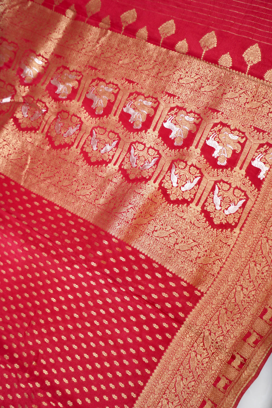 Striking Cherry Red Banarasi Chinon Georgette Saree with Antique Zari Figure Motifs