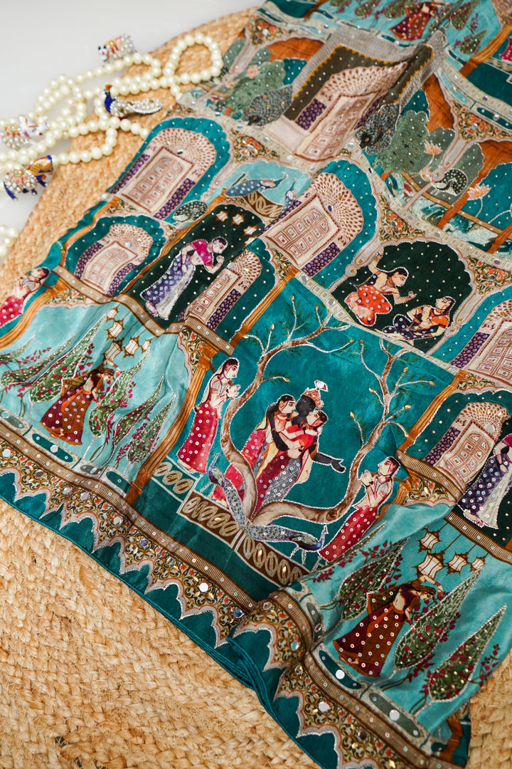 Teal Green Crepe Silk Saree with Katha Embroidery & Printed Figure Motifs