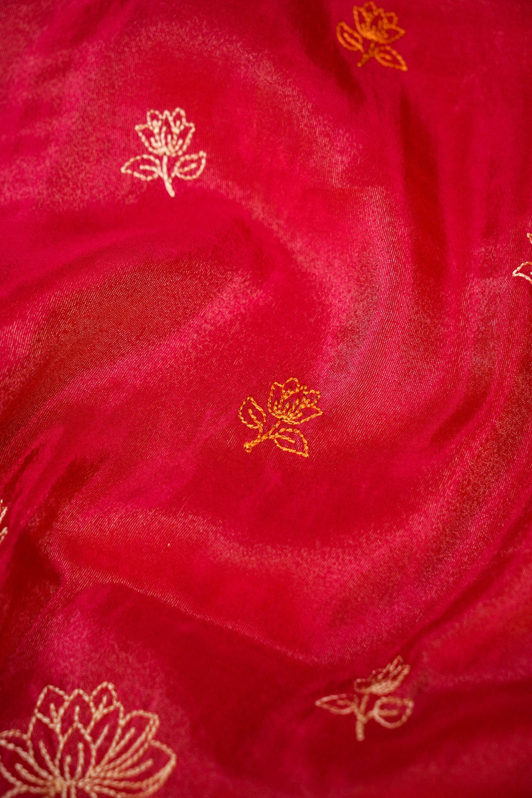 Rose Red Crepe Tissue Saree with Pichwai Resham Kadhai