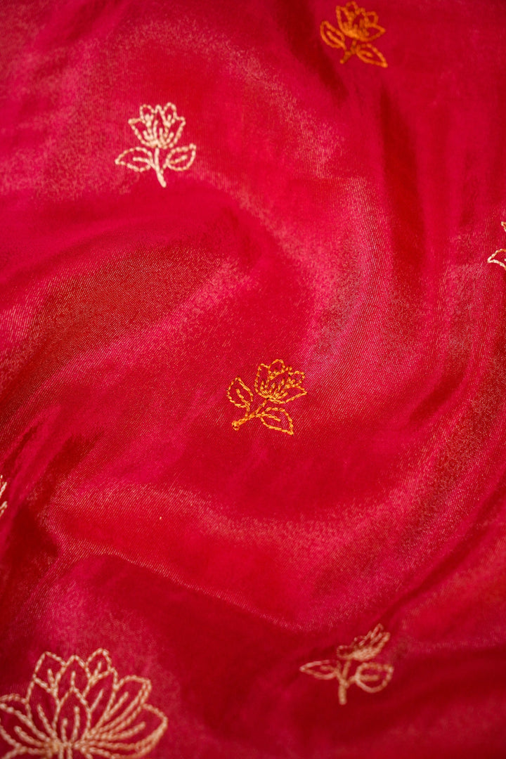 Rose Red Crepe Tissue Saree with Pichwai Resham Kadhai