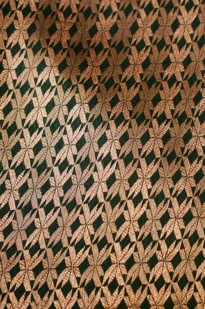 Pure Banarasi Silk Saree with Stripes & Shibori Weaving in Bottle Green