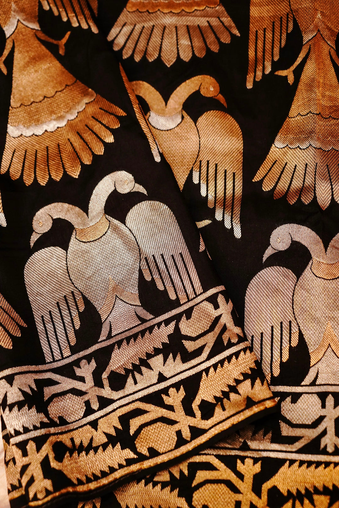 Opulent Black Nita Ambani Inspired Munga Crepe Birds Motif Cocktail Saree Collection