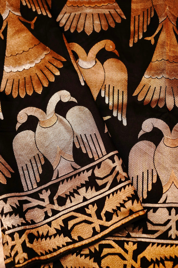 Opulent Black Nita Ambani Inspired Munga Crepe Birds Motif Cocktail Saree Collection
