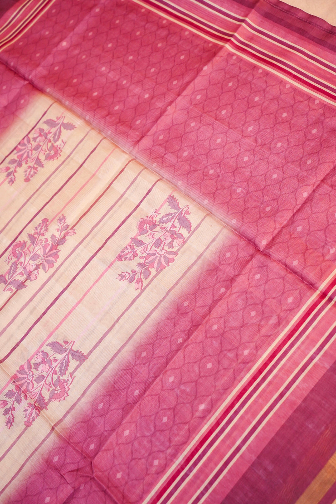 Banarasi Chanderi Tussar Silk Suit with Pink Contrats Dupatta