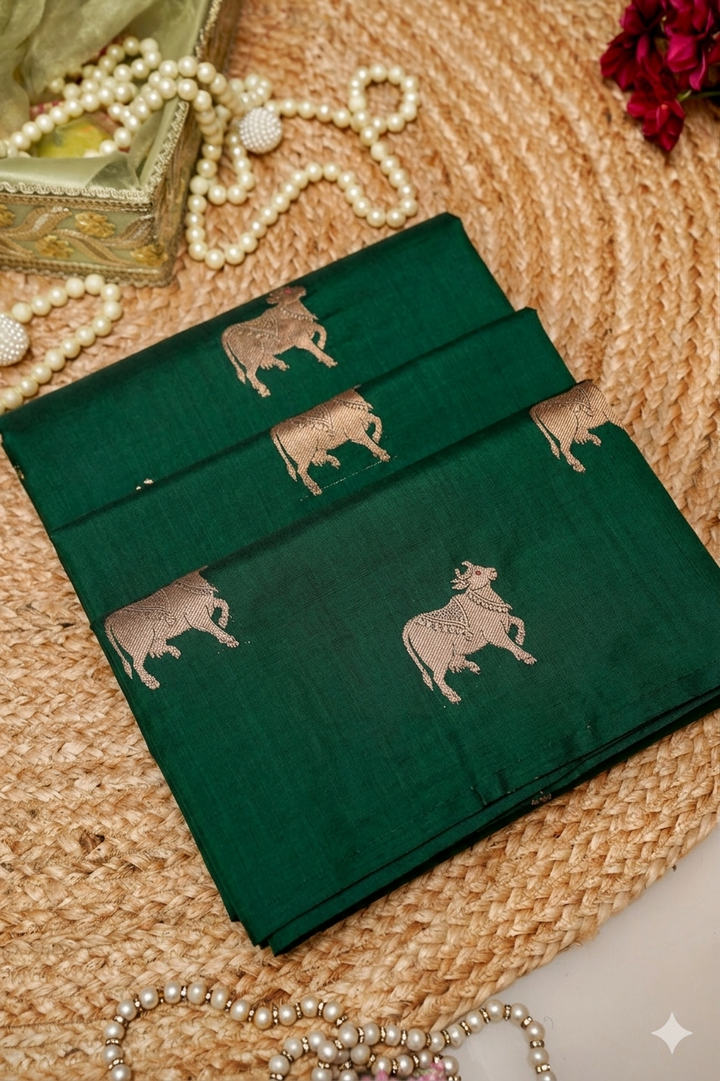 Bottle Green Handwoven Banarasi Pure Puna Silk Saree with Zari Nandi Motif