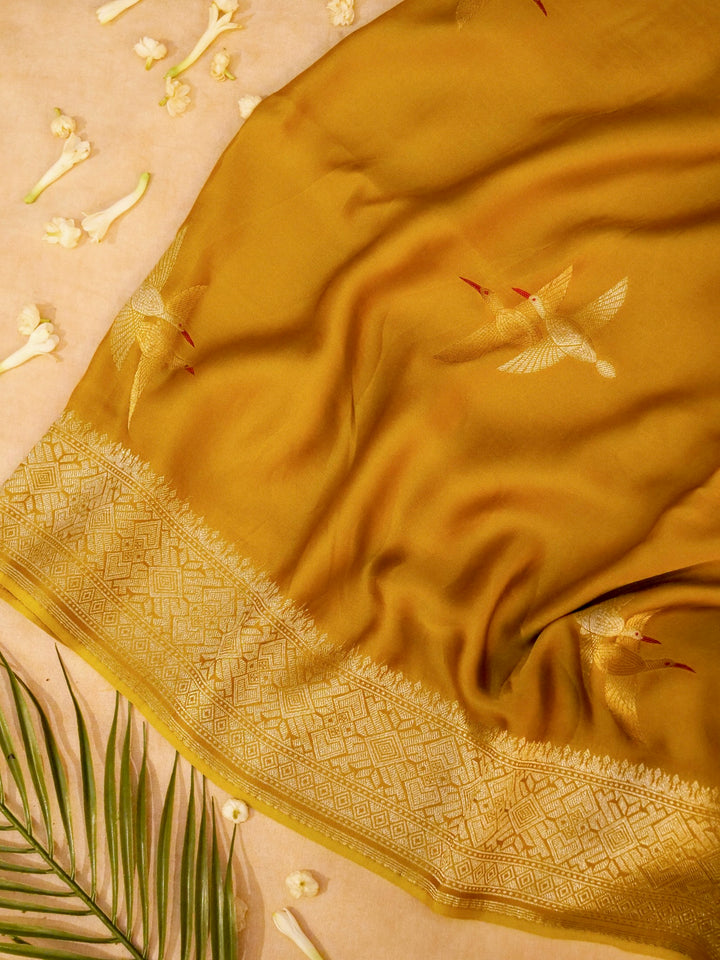 Banarasi Mustard Mashru Silk Saree with Zari Weave Bird Motif