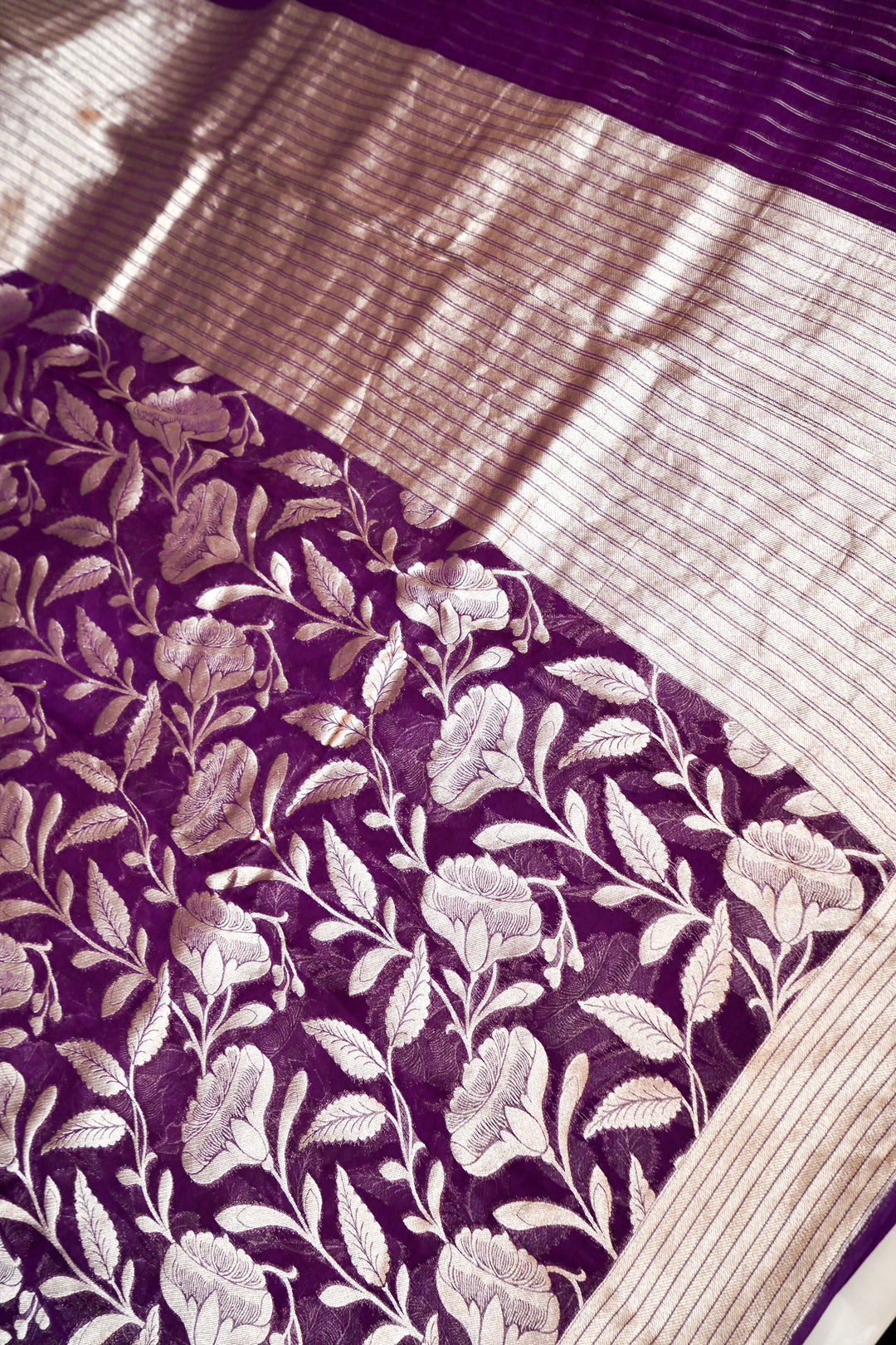 Dark Purple Pure Georgette Saree with Zari Weave Jangla Design