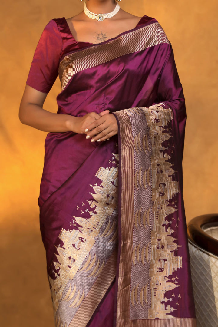 Banarasi Handloom Dark Purple Pure Katan Silk Ghat Wali Saree Closeup View 1