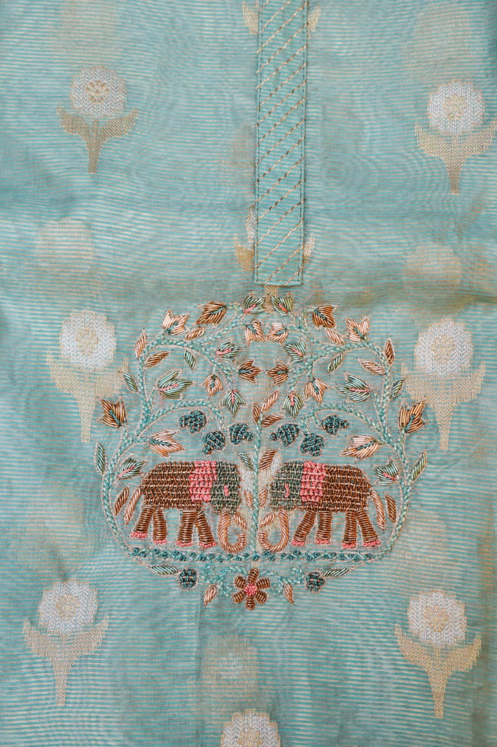 Unstitched Powder Blue Pure Chanderi Tissue Suit Set