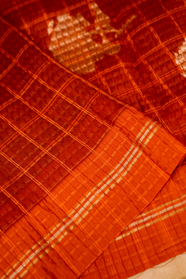 Rust Orange Checkered Grace Pure Banarasi Crush Organza Silk Saree Border