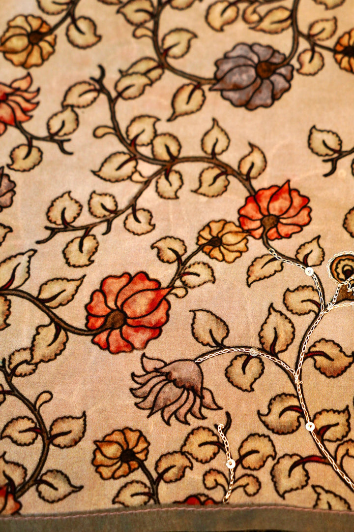 Beige Crepe Silk Saree with Floral Prints & Figure Motif