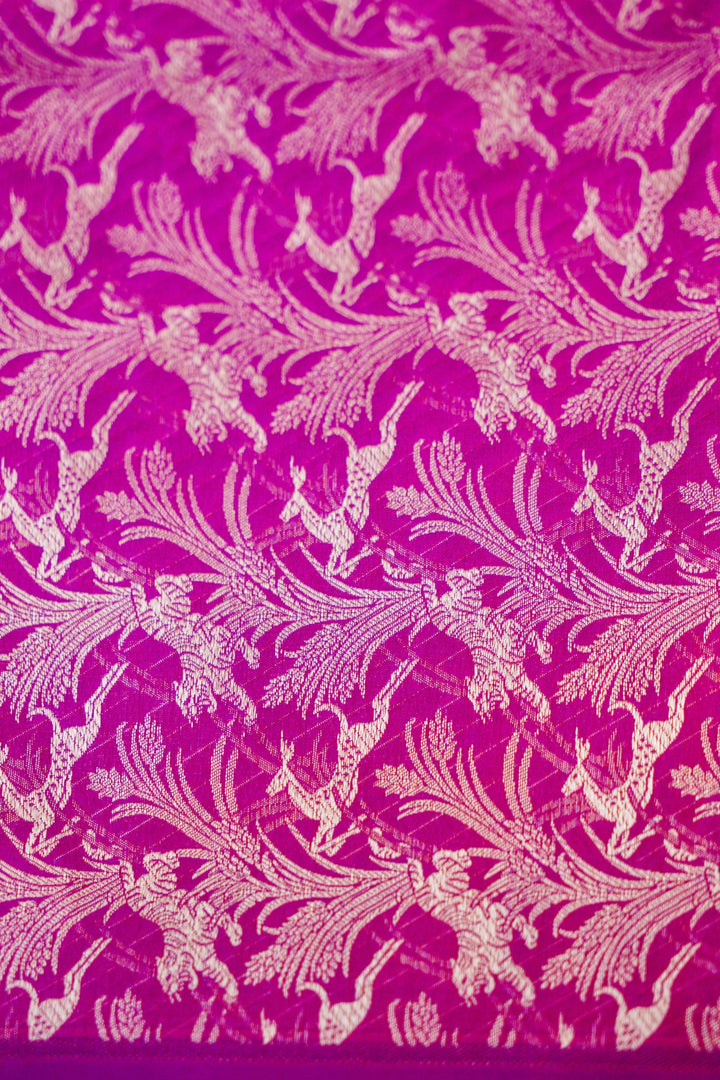 Magenta Handwoven Banarasi Pure Katan Silk Saree with Shikargah Zari Border & Pallu