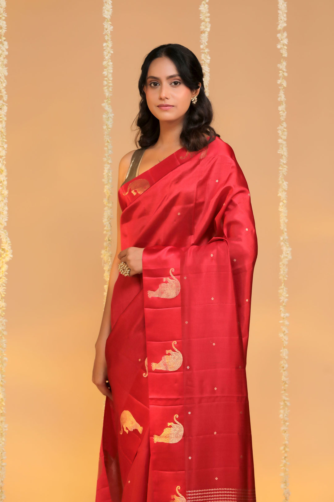 Handwoven Red Banarasi Pure Mashru Silk Bridal Saree Tiger Motif Closeup View