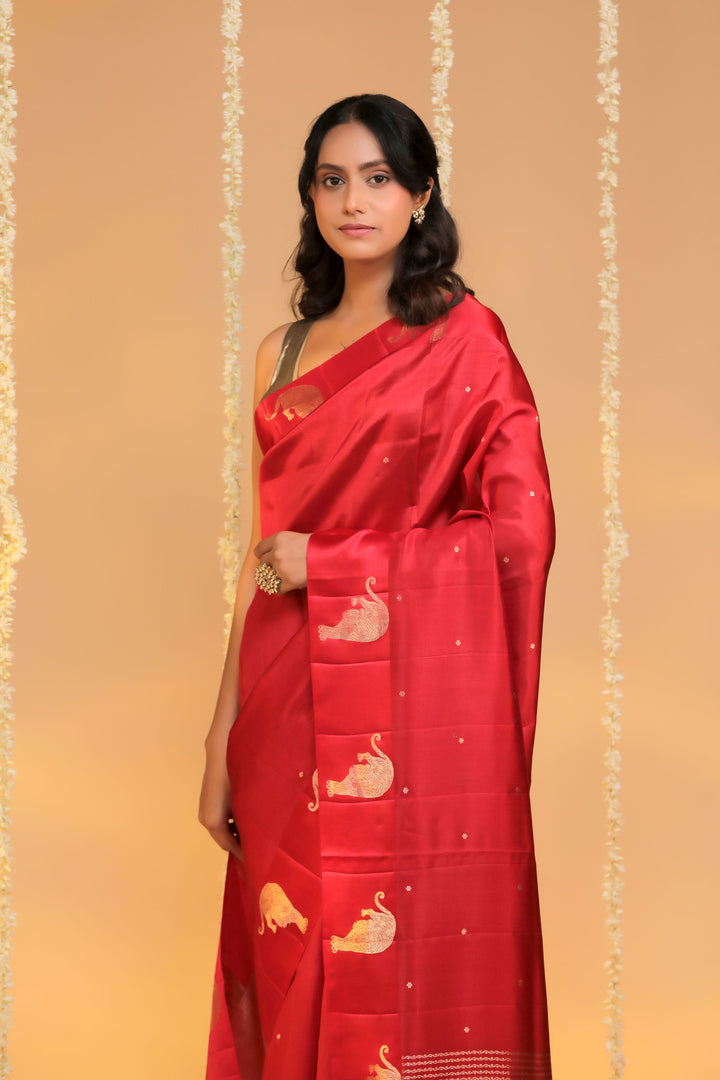 Handwoven Red Banarasi Pure Mashru Silk Bridal Saree Tiger Motif Closeup View