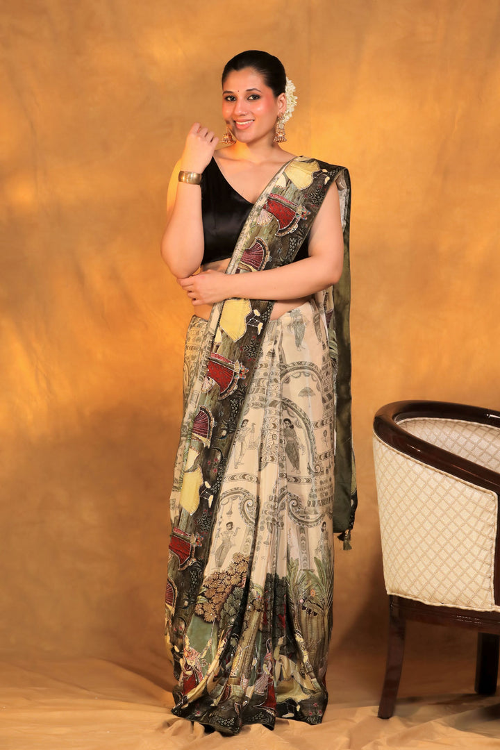 beige crepe silk katha embroidery figure motif saree front view 1