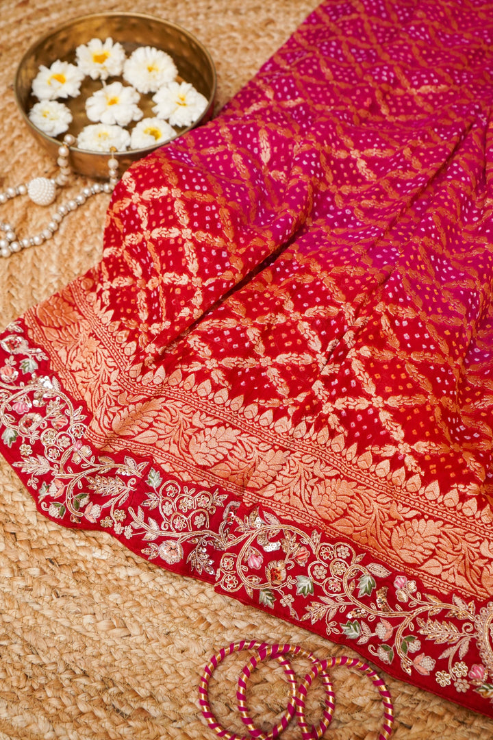 Designer Pure Banarasi Khaddi Bandhej Saree with Hand Zardozi Work