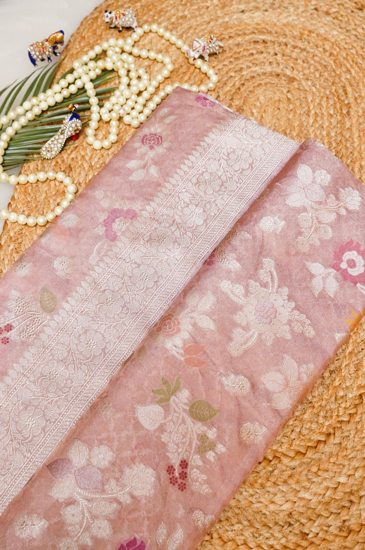 Rose Gold Handwoven Banarasi Pure Katan Tissue Silk Meenakari Saree