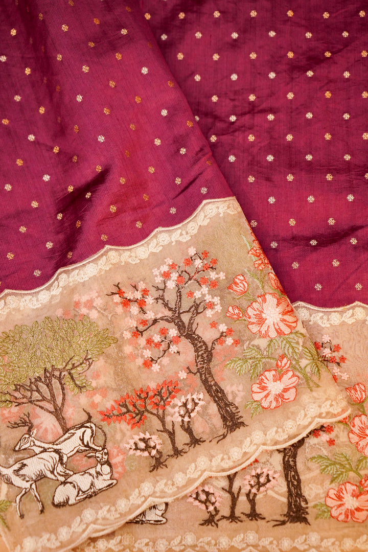 Wine Pure Handloom Chiniya Silk Saree with Appliqué Resham Embroidery