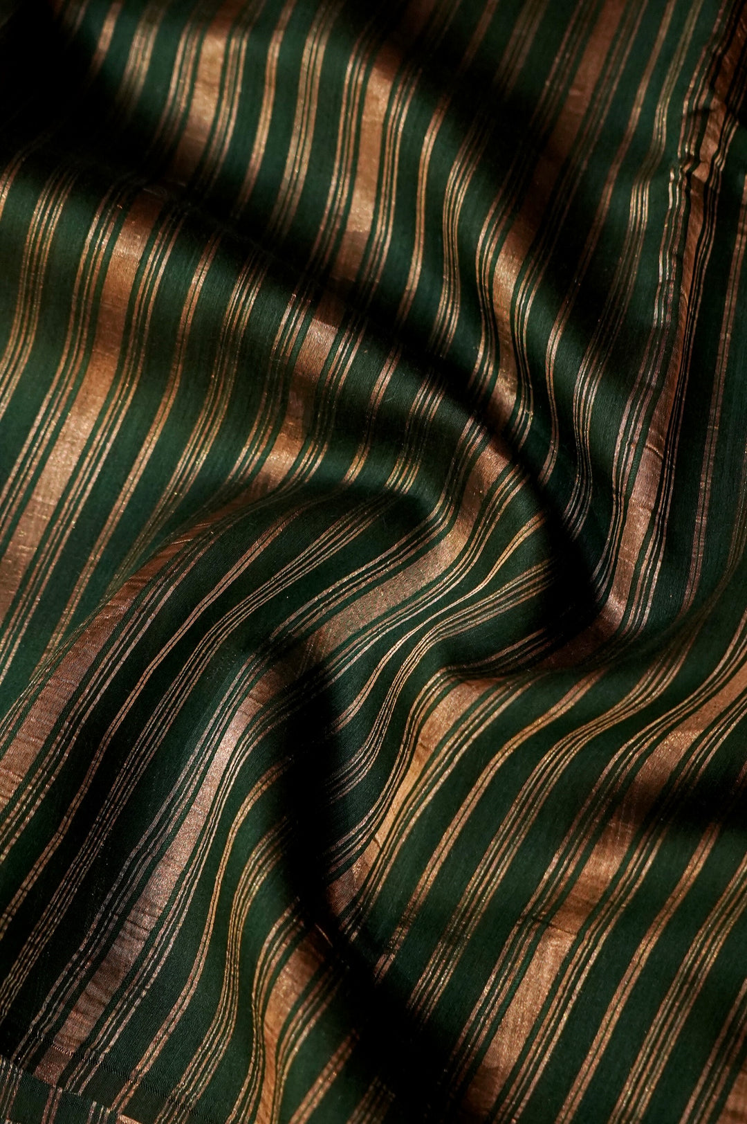 Pure Banarasi Silk Saree with Stripes & Shibori Weaving in Bottle Green