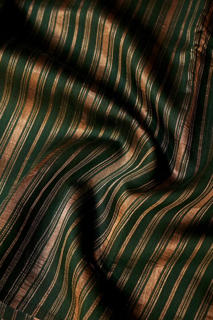 Pure Banarasi Silk Saree with Stripes & Shibori Weaving in Bottle Green