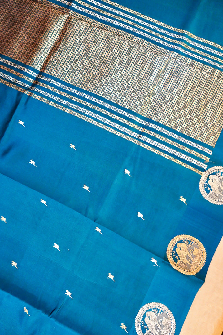 Handwoven Banarasi Teal Blue Pure Katan Silk Birds Motif Saree