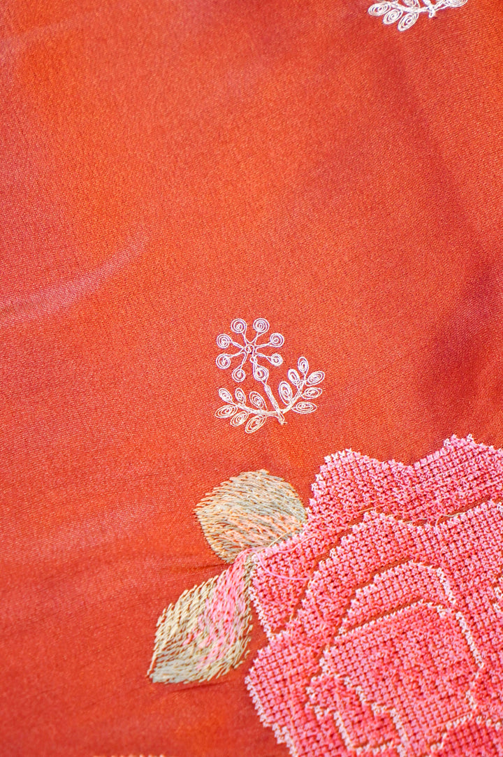 Orange Crepe Tissue Silk Suit Set with Pitta Zari and Embroidery Work