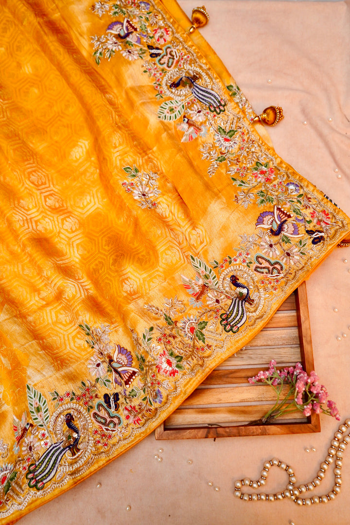 Haldi Ceremony Yellow Silk Brocade Saree with Meenakari Embroidery