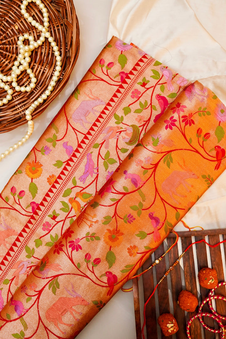 Handwoven Red Banarasi Pure Katan Silk Saree with Golden Zari Woven Animal & Bird Motifs