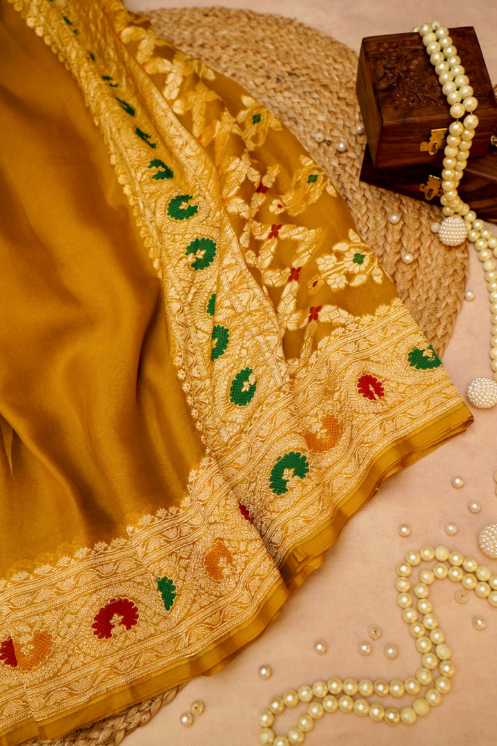 Haldi Wear Yellow Pure Khaddi Georgette Meenakari Saree View 1