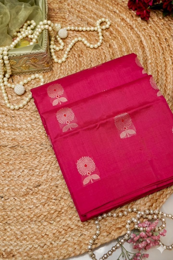 Handwoven Rani Pink Banarasi Pure Puna Silk Saree with Meenakari Booti