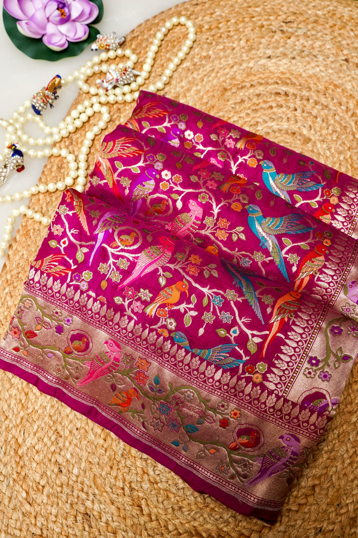 Magenta Pink Pure Banarasi Handloom Katan Silk Kimkhwab Meenakari Birds Motif Saree