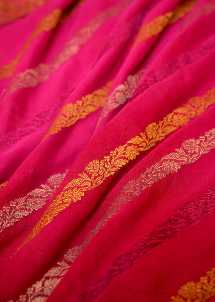 Handloom Pink Pure Banarasi Khaddi Georgette Saree with Ombre Dye &amp; Antique Zari Weaving