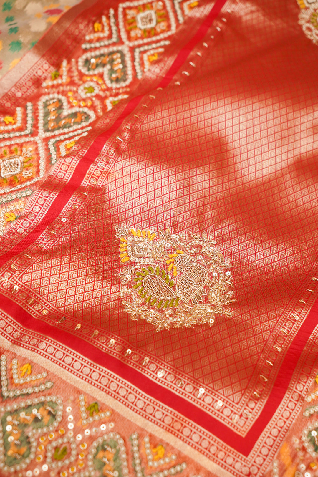 Pure Banarasi Tissue Ikkat Weaving Saree with Hand Zardozi Embroidery