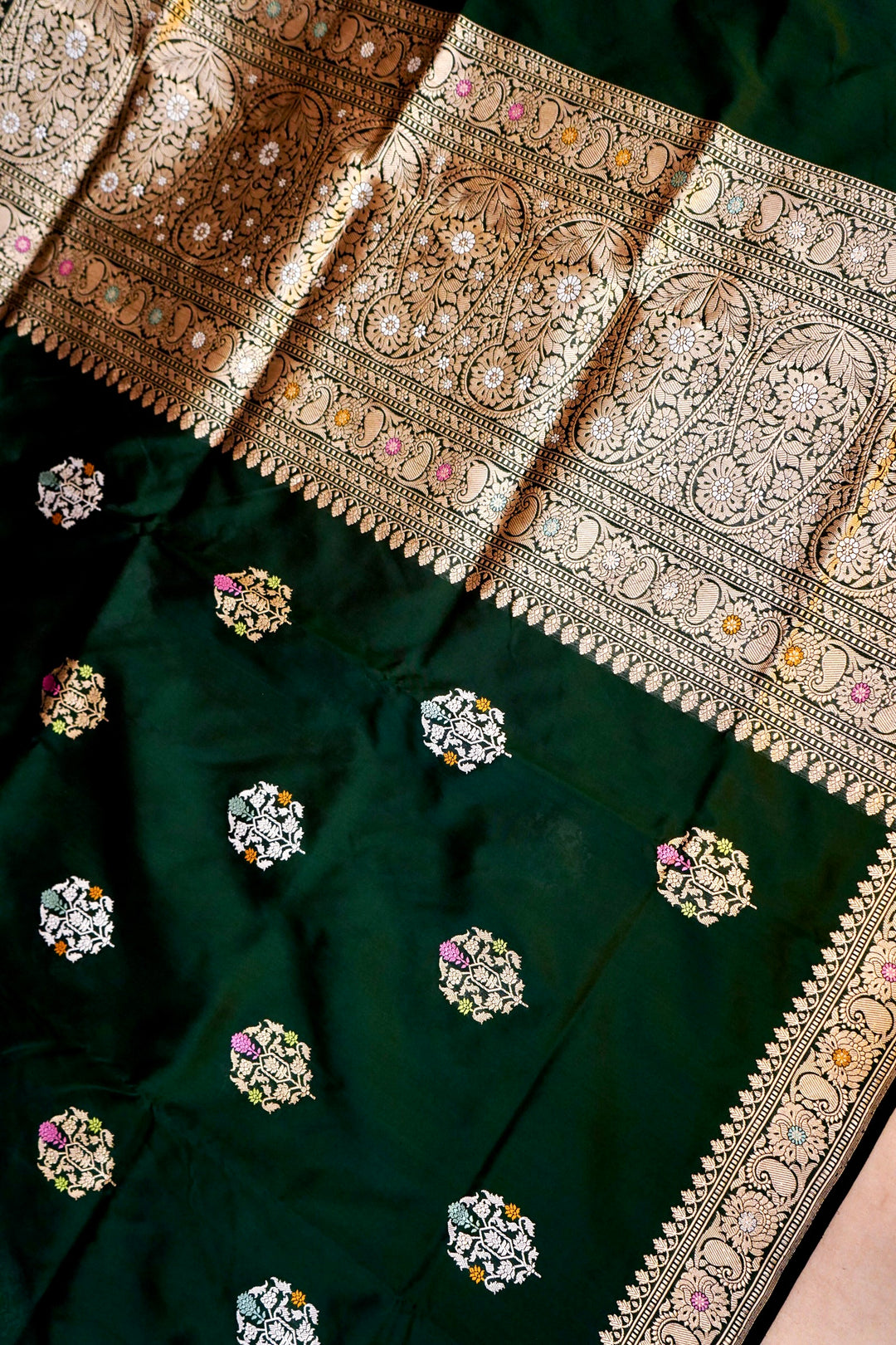 Bottle Green Pure Handloom Katan Silk Kadwa Banarasi Saree with Meenakari Motifs