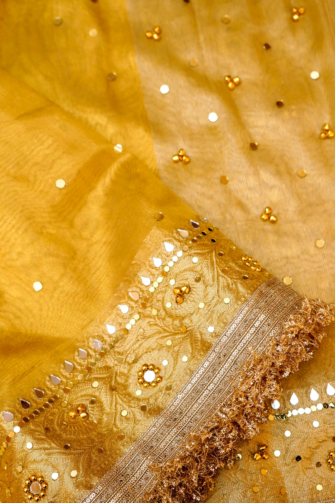 Golden Viral Ghungru Tissue Silk Saree with Mirror Work View 4