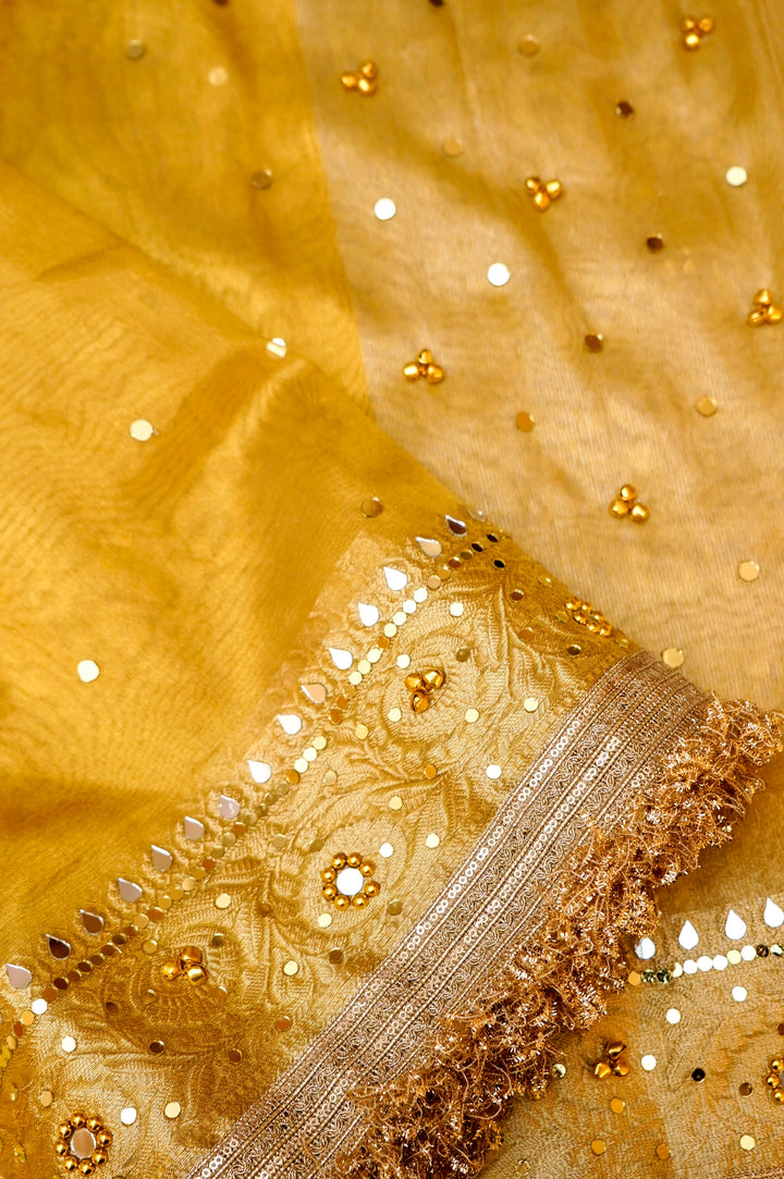Golden Viral Ghungru Tissue Silk Saree with Mirror Work View 4