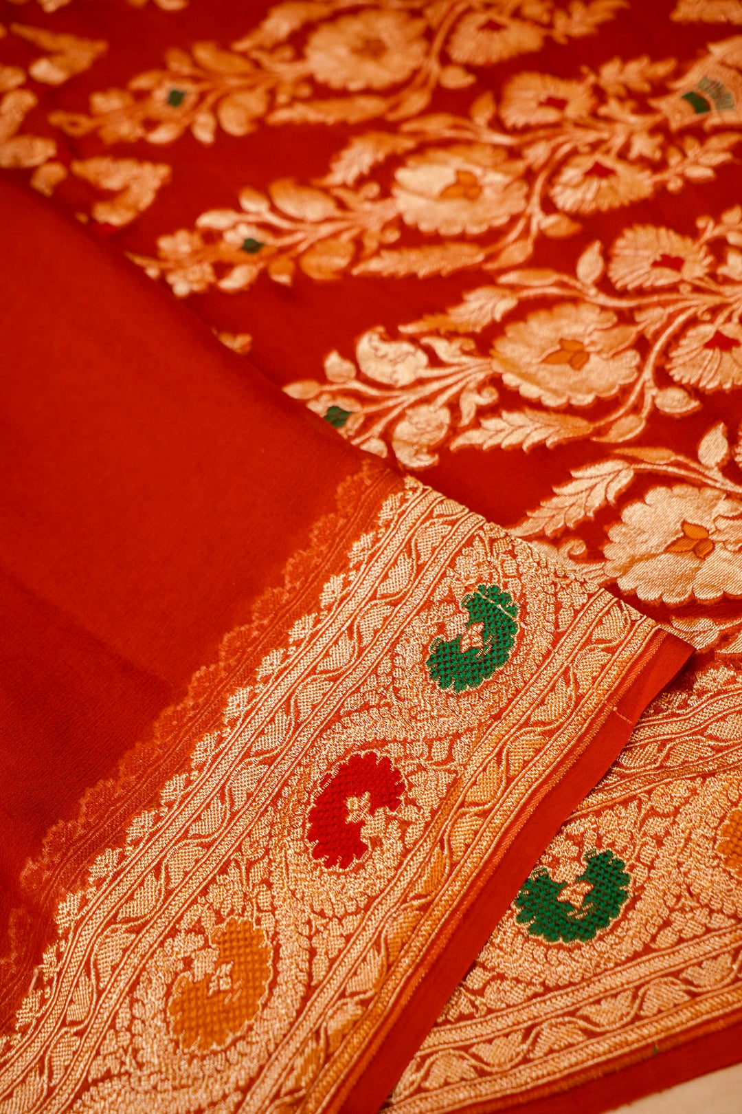 Red Banarasi Khaddi Chiffon Meenakari Border and Pallu Saree View 4