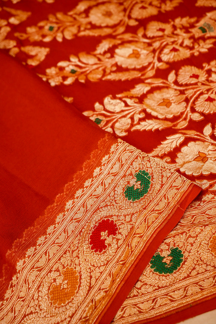Red Banarasi Khaddi Chiffon Meenakari Border and Pallu Saree View 4