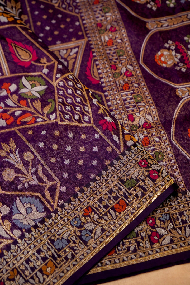Handwoven Banarasi Pure Katan Silk Purple Jamdani Pattern Saree View 4