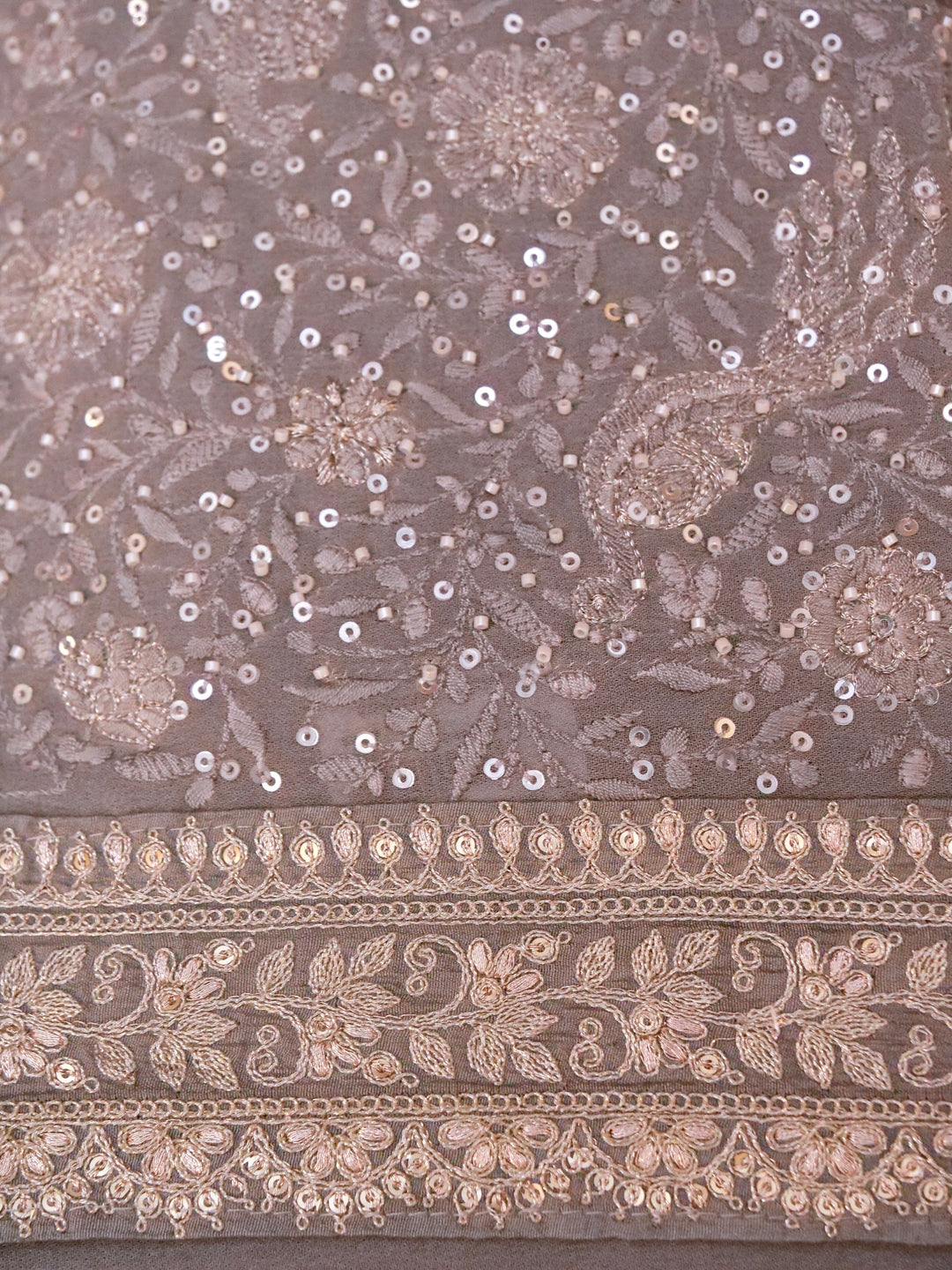 Silver Grey Pure Katan Tissue Saree with Pitta Zari Sequin Border and Heavy Embroidered Georgette Blouse View 5