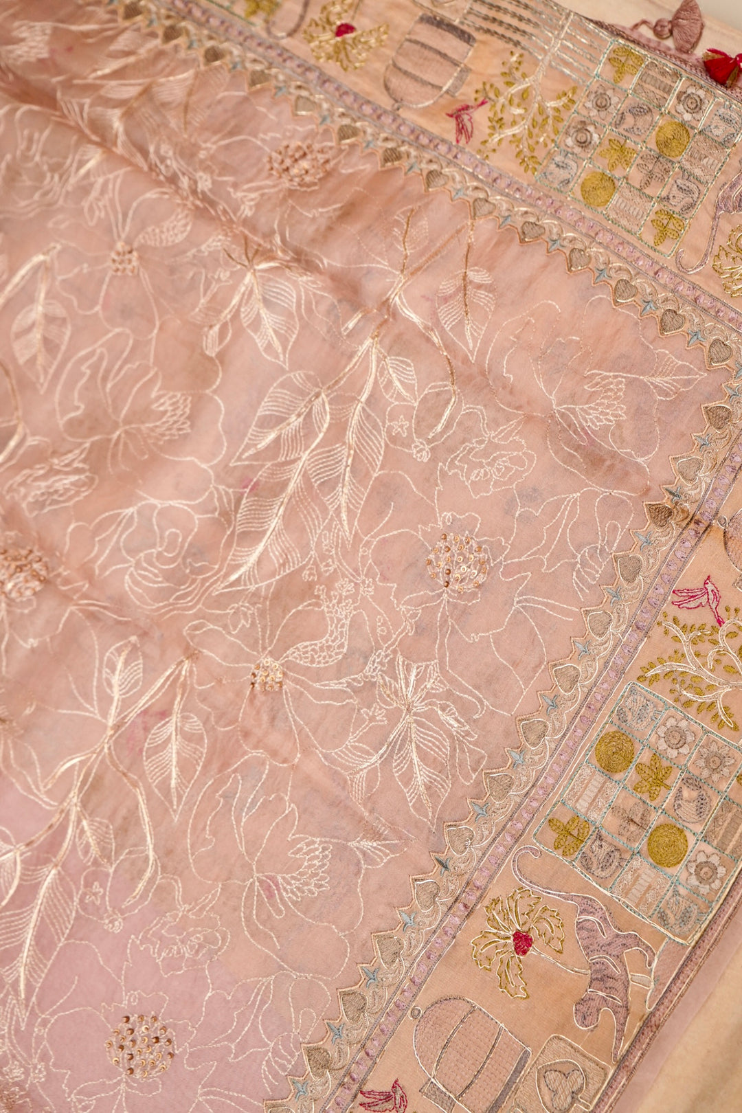 Designer Baby Pink Resham Pitta Zari Embroidery Pure Organza Saree View 2