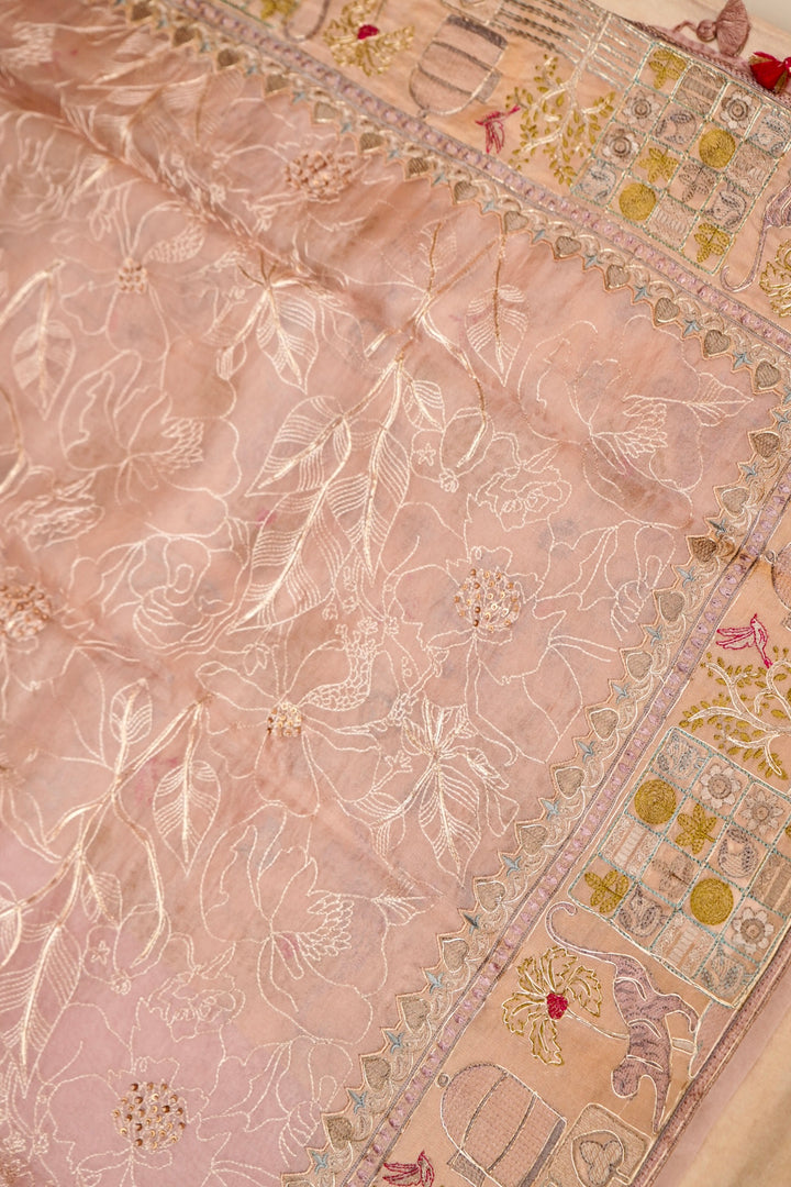 Designer Baby Pink Resham Pitta Zari Embroidery Pure Organza Saree View 2
