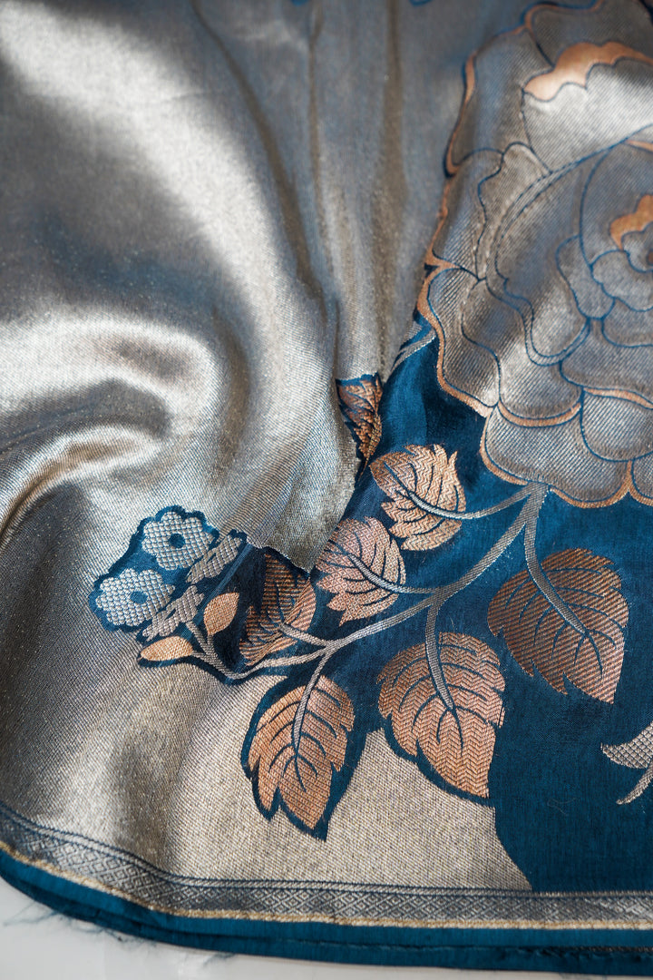 Teal Blue Pure Banarasi Crepe Tissue Saree with Contemporary Design