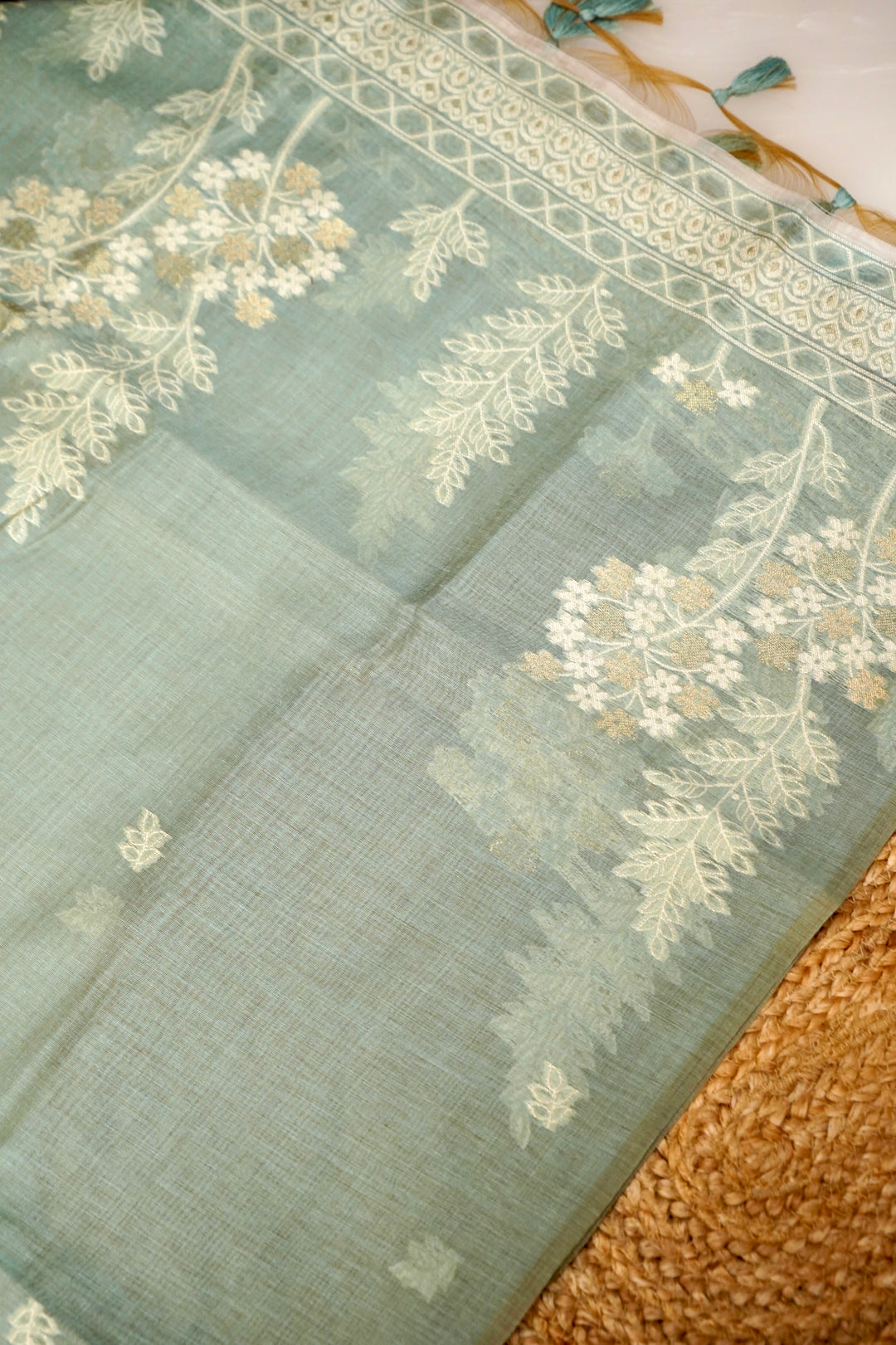 Off White &amp; Green Floral Woven Unstitched Suit Set