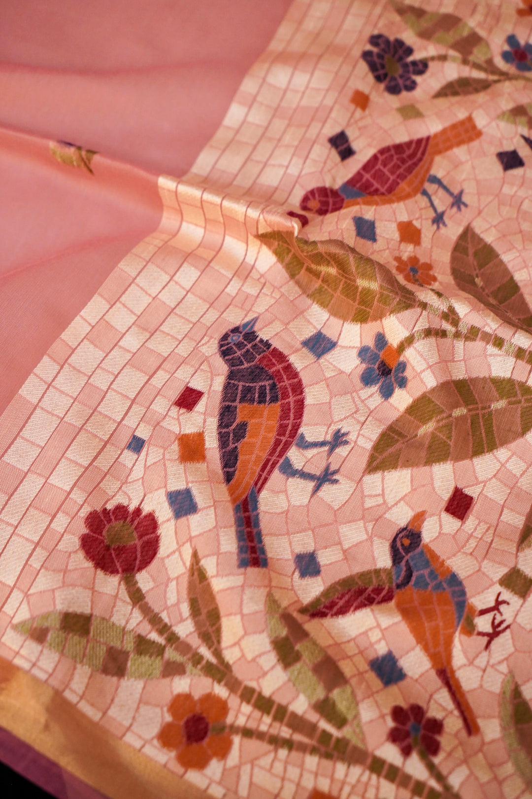 Pink Banarasi Cotton Silk Saree with Tilfi Meenakari Bird Motif Pallu
