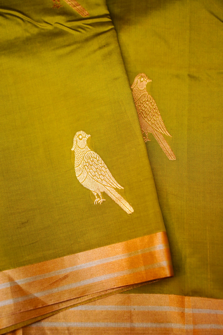 Parrot Green Royalty Handwoven Banarasi Pure Katan Silk Saree with All-Over Zari Motif