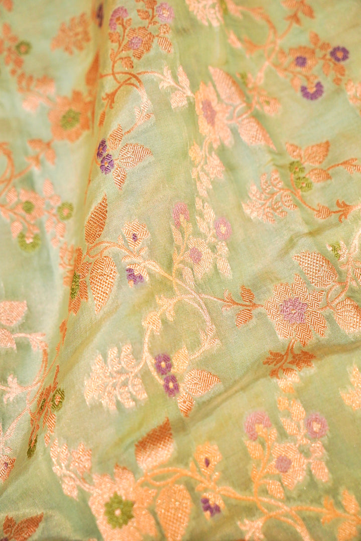 Light Green Handloom Pure Katan Tissue Saree with Meenakari Jaal Weave