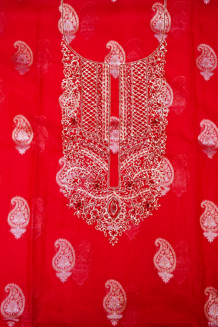 Red Pure Mul Silk Suit with Embroidered Kurta and Pitta Zari Dupatta