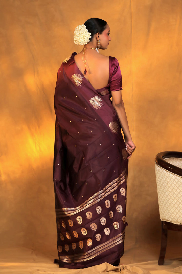 handwoven wine banarasi pure mashru silk leopard motif saree back view